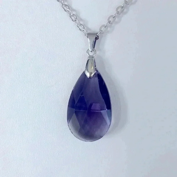 Purple Crystal Teardrop Stainless Steel Necklace NWT - Picture 1 of 3